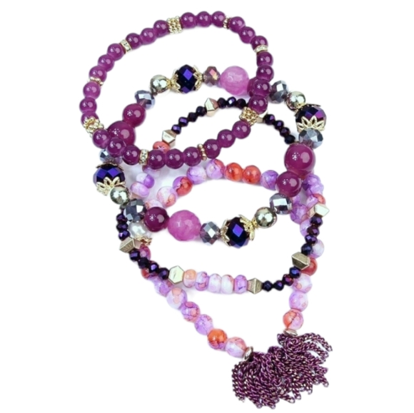 Riah Set Of Stretch Beaded Bracelets Purple Multi - Picture 2 of 5